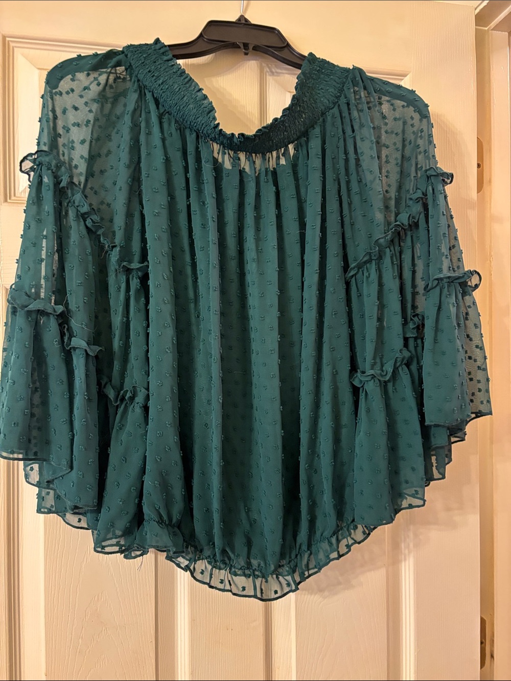 Women's Teal Swiss Dot Ruffle Blouse